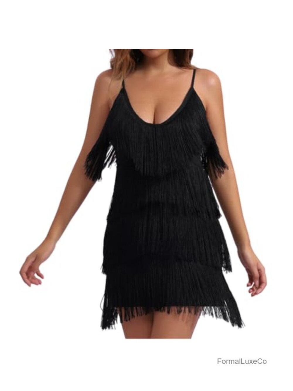 1920s Flapper Dress Layered Fringe Tassel V-Neck Spaghetti Strap Mini Party